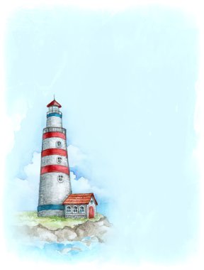 Watercolor background with illustration of lighthouse clipart