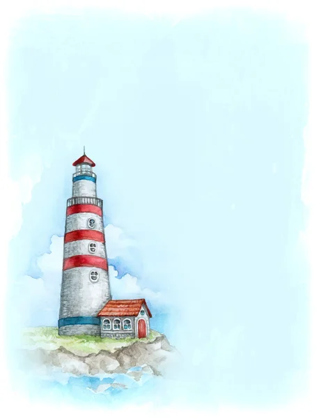 Watercolor background with illustration of lighthouse — Stock Photo, Image