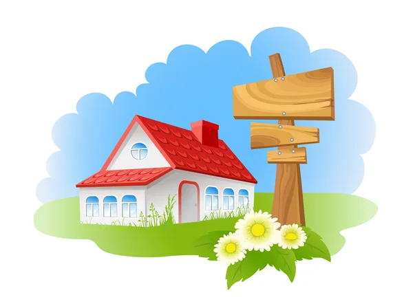 Haus und Holzschild — Stockvektor