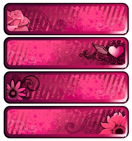 与心和鲜花的 grunge 粉红横幅 — 图库矢量图片