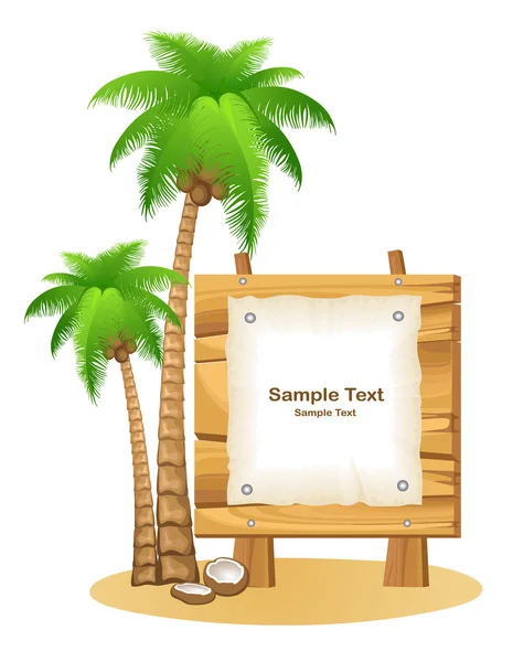 Palmbomen en houten teken — Stockvector