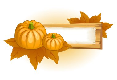 Wooden sign with paper and pumpkins clipart