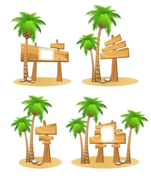 Set of palm trees and wooden sign — Stock Vector