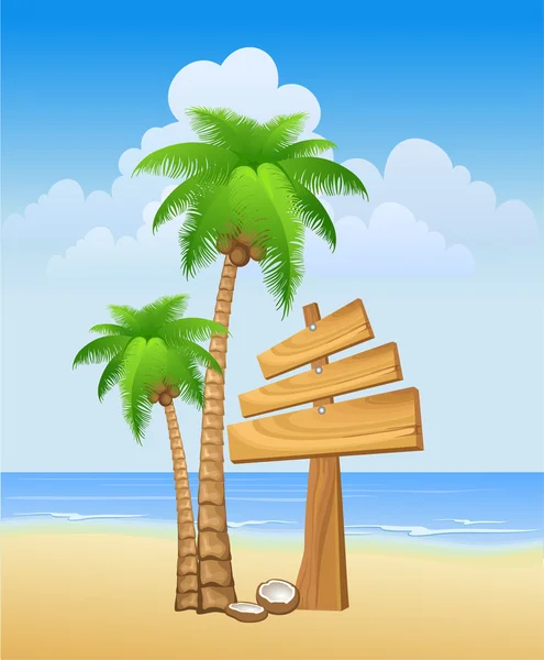 Paysage avec palmiers et panneau en bois — Image vectorielle