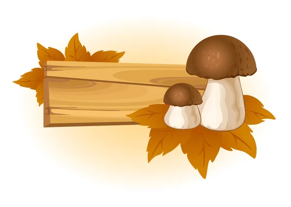 Деревянный знак с листьями и грибами — стоковый вектор