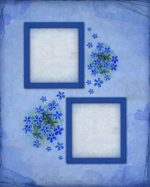 Vintage blue photo frames with watercolor flower clipart