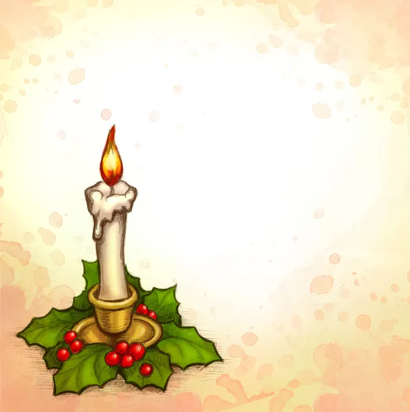 Grußkarte mit Zeichnung von Kerze und Stechpalme — Stockfoto