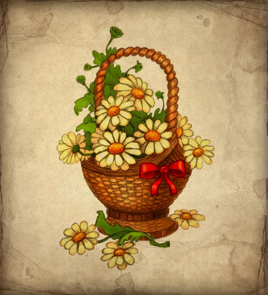 Cartão de saudação com cesta de flores — Fotografia de Stock