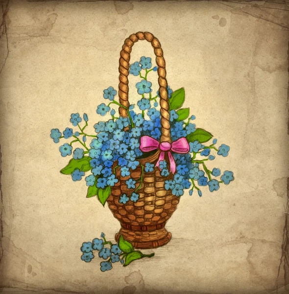 Velho cartão de felicitações com cesta de flores — Fotografia de Stock