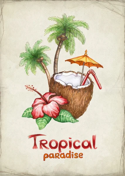 Watercolor illustration of coconut cocktail — Stock Photo, Image