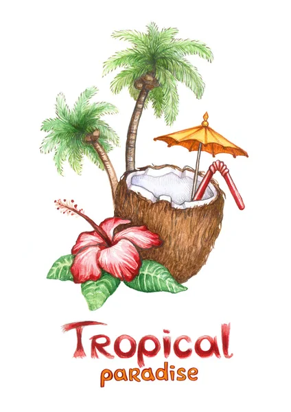 Акварельная иллюстрация кокосового коктейля — стоковое фото