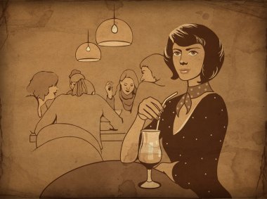 restoranda içki olan kız. Retro çizim