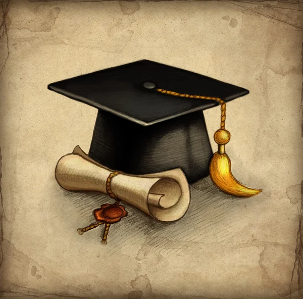 Papel viejo con dibujo de la gorra de graduación y diploma — Foto de Stock