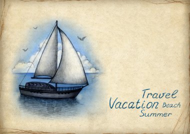 Card with illustration of sailing boat clipart