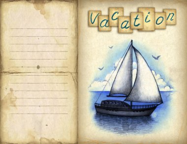 Card with illustration of sailing boat clipart