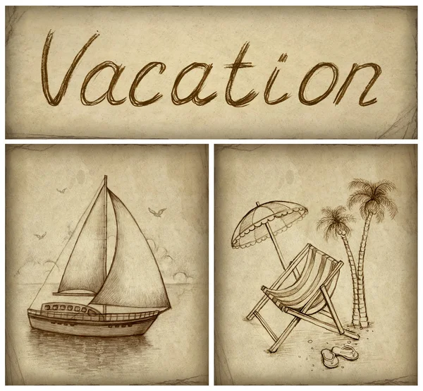 Vacation background with drawings of chaise lounge and yacht — Stock Photo, Image