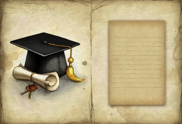 Gamla papper med ritning av examen cap och diplom — Stockfoto