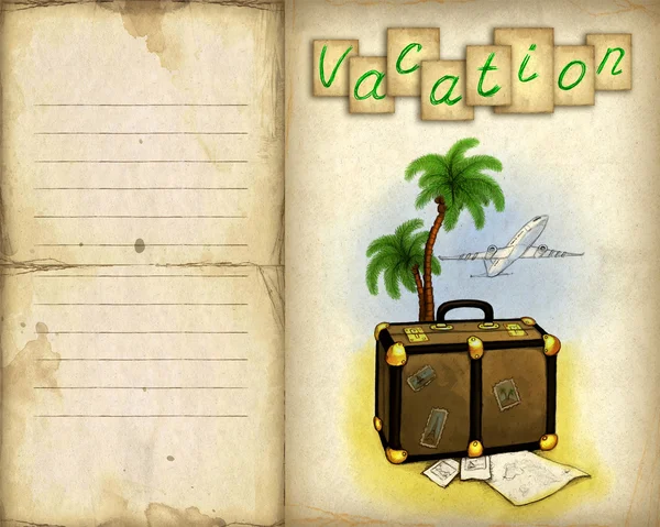 Κάρτα με εικονογράφηση αποσκευών, palm και αεροπλάνο — Φωτογραφία Αρχείου
