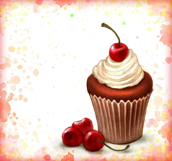 Cherry chocolate cupcake on watercolor background — Stock Photo, Image
