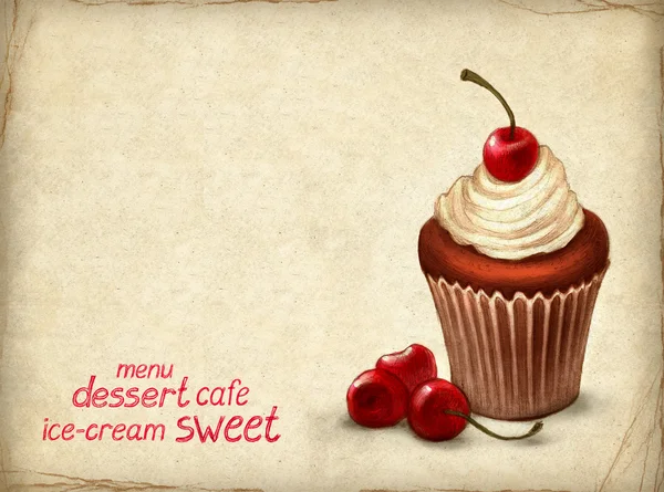 Kirsch-Schokoladen-Cupcake auf dem alten Papier — Stockfoto