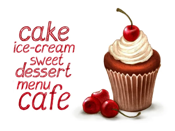 Cupcake with cherry and dessert text — Stock Photo, Image