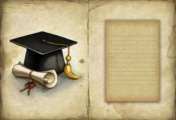 Старий папір з малюнком випускної кепки та дипломом — стокове фото