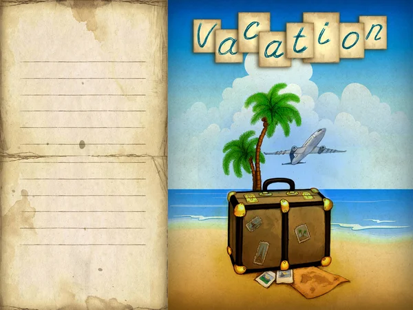 Tło z ilustracji bagażu, palmy i samolot — Zdjęcie stockowe