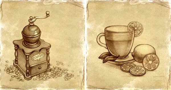 Φλιτζάνι τσάι και καφέ αλεστικό μηχάνημα — Φωτογραφία Αρχείου