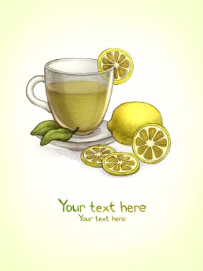 Drawing of glass cup of tea with lemon clipart