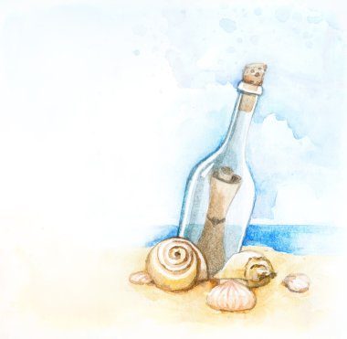 Watercolor illustration of message in a bottle clipart