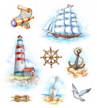 Set of nautical watercolor illustrations clipart