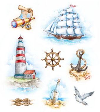 Set of nautical watercolor illustrations