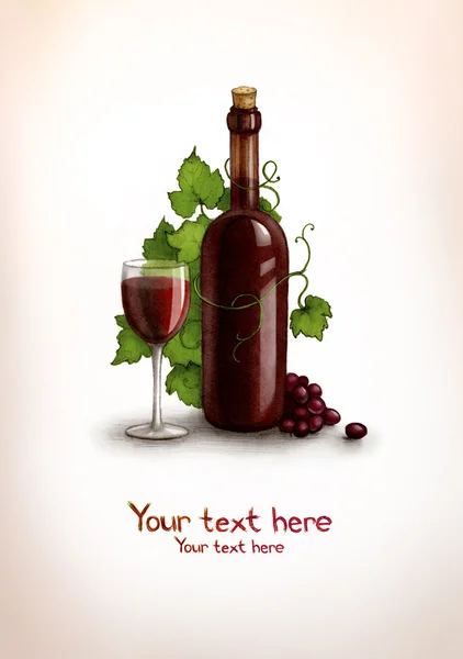 Achtergrond met tekening van fles en glas met wijn — Stockfoto