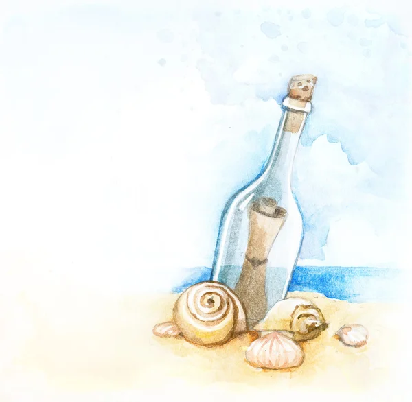 Akvarel ilustrace vzkaz v láhvi — Stock fotografie