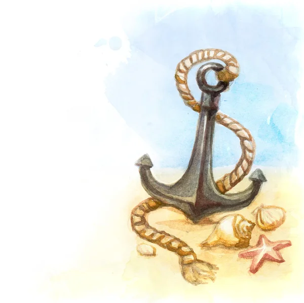 Watercolor illustration of anchor and shell — Stock Photo, Image