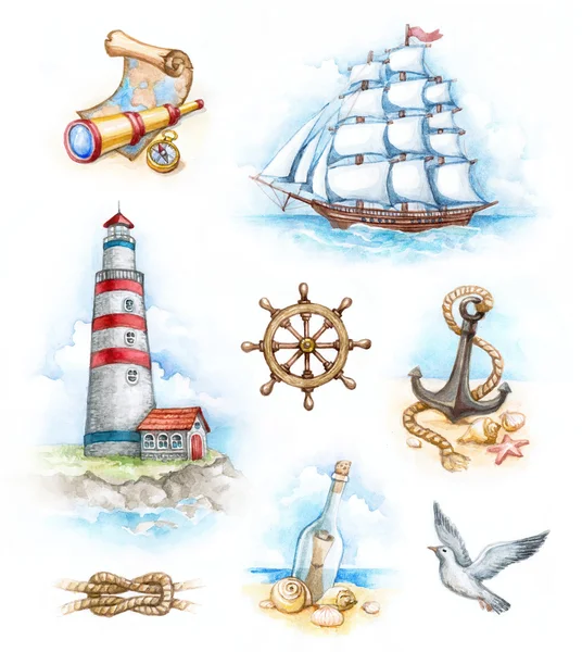 Conjunto de ilustrações aquarela náuticas — Fotografia de Stock