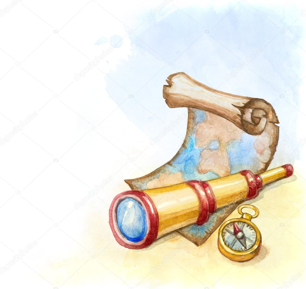 Watercolor illustration of spyglass, map and compass