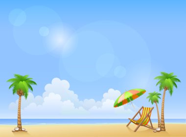 Summer beach with palms and chaise lounge clipart