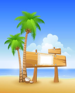 Summer beach with palms and wooden sign clipart