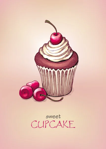 Old fashioned illustration of cupcake with cherry — Stock Vector
