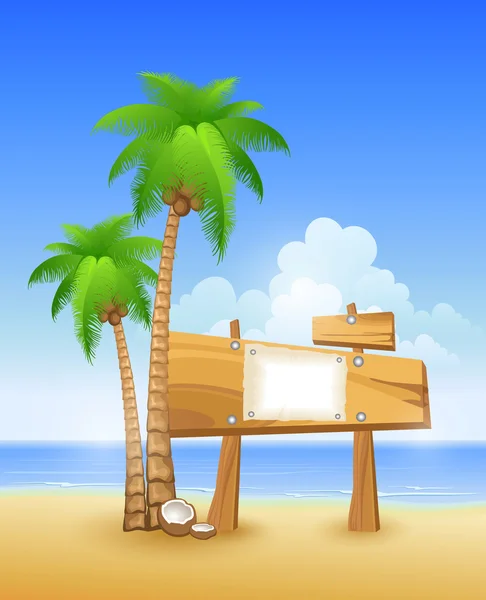Summer beach with palms and wooden sign — Stock Vector