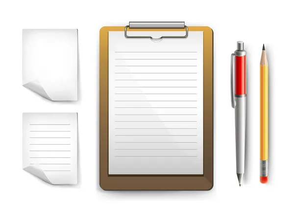 Πρόχειρο, χαρτιά, στυλό και μολύβι — Διανυσματικό Αρχείο