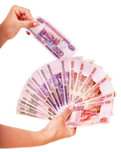 Mano femenina con dinero Rublo ruso . — Foto de Stock