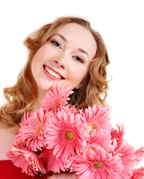 หญิงสาวที่มีความสุขถือดอกไม้ . — ภาพถ่ายสต็อก
