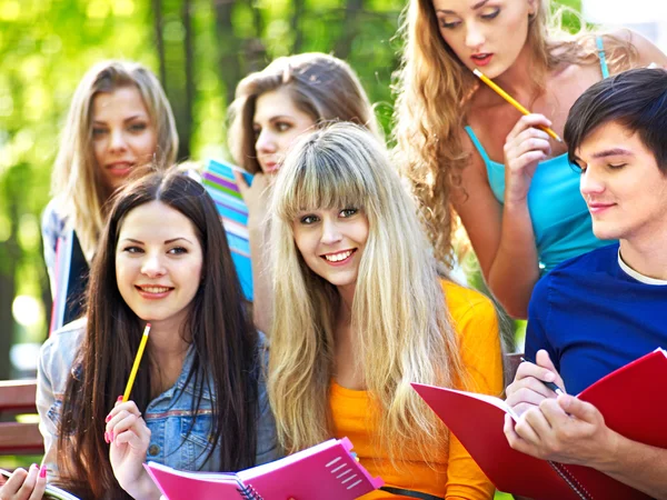 Skupina studentů s notebookem venkovní. — Stock fotografie