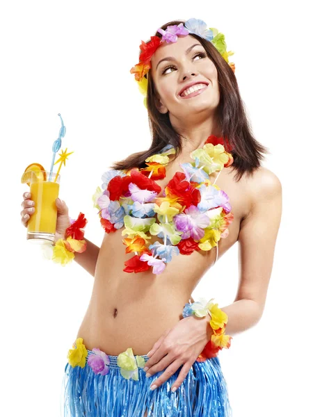 Woman in hawaii costume drink juice. Stock Picture