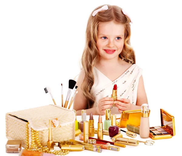 Child cosmetics. Little girl with lipstick. — Stock Photo, Image