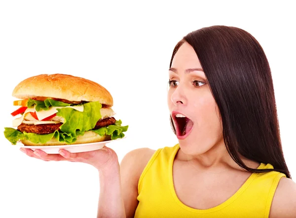 Woman holding hamburger. — Stock Photo, Image