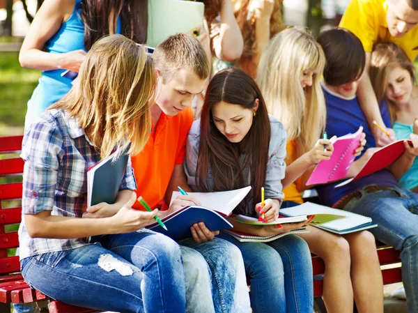 Estudante de grupo com livro ao ar livre . — Fotografia de Stock