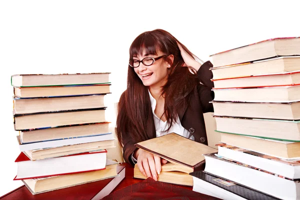 Meisje met stapel boeken . — Stockfoto